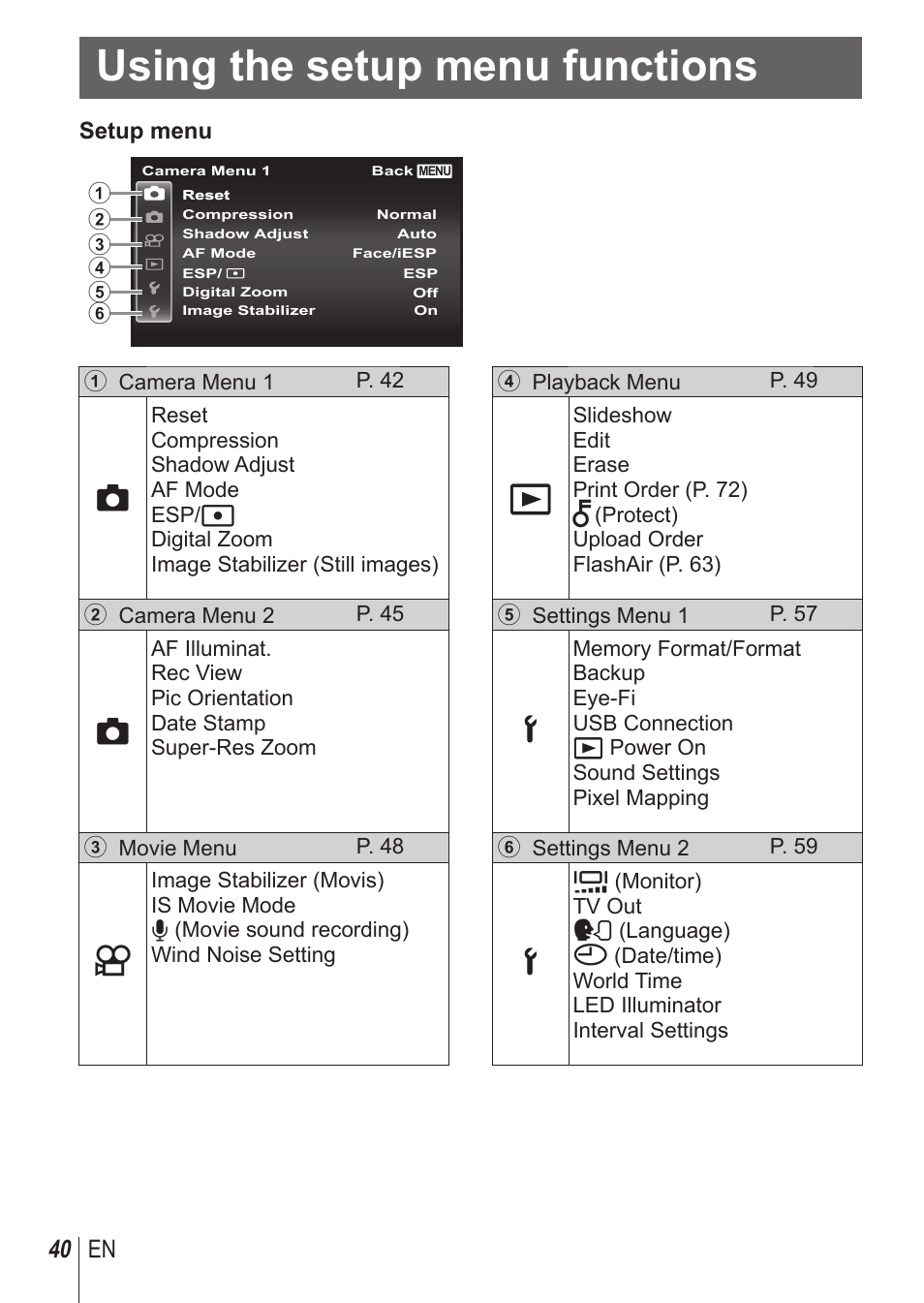 Using the setup menu functions, 40 en | Olympus TG850 User Manual | Page 40 / 111