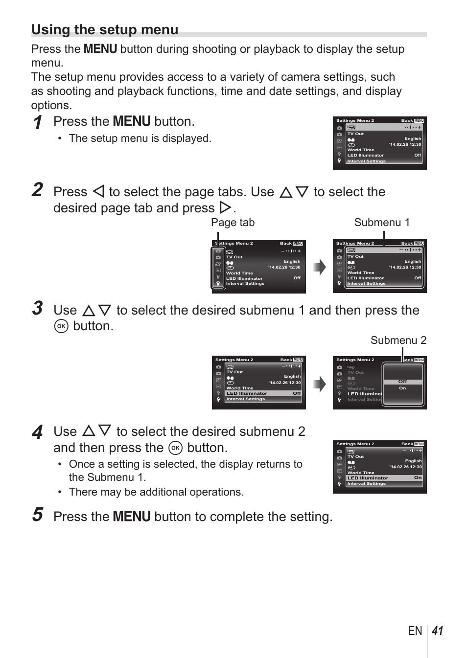 Using the setup menu, Press the  button, Press the  button to complete the setting | 41 en, The setup menu is displayed, Page tab, Submenu 1, Submenu 2 | Olympus TG850 User Manual | Page 41 / 111