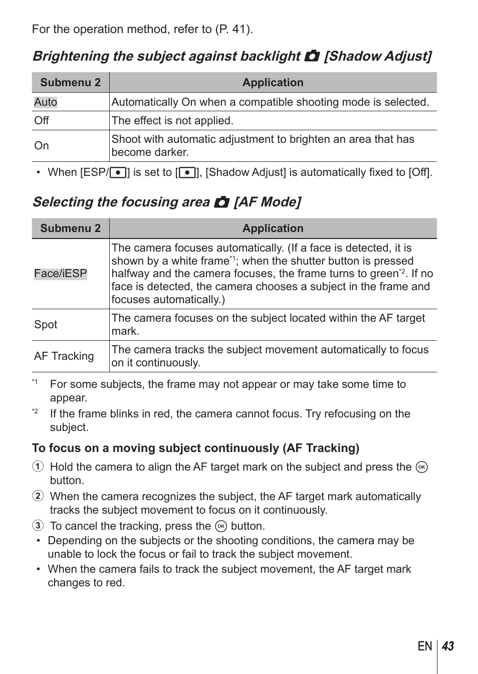 Selecting the focusing area z [af mode | Olympus TG850 User Manual | Page 43 / 111