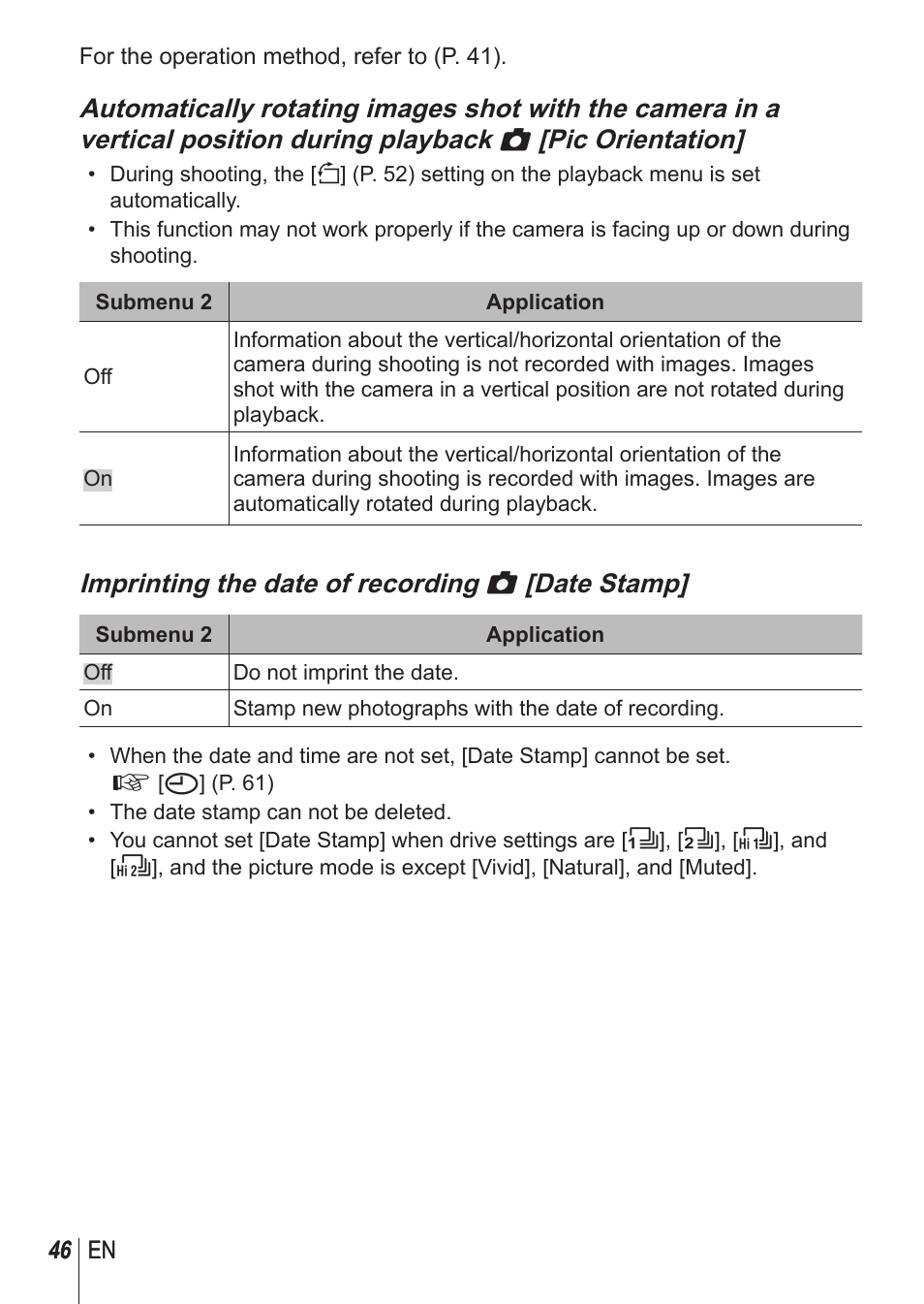 Imprinting the date of recording z [date stamp | Olympus TG850 User Manual | Page 46 / 111