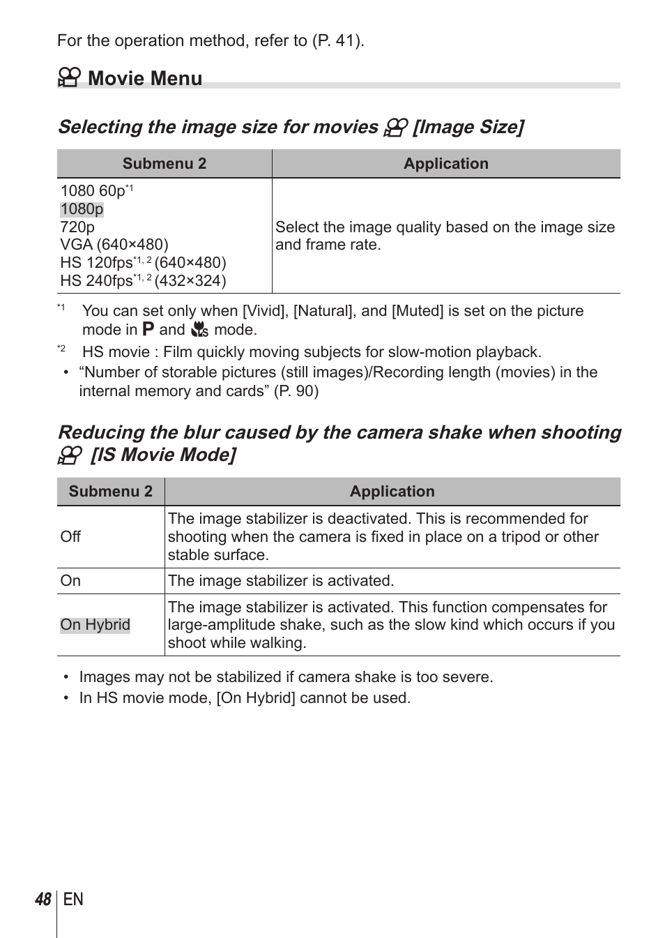 A movie menu, Selecting the image size for movies a [image size, 48 en | Olympus TG850 User Manual | Page 48 / 111