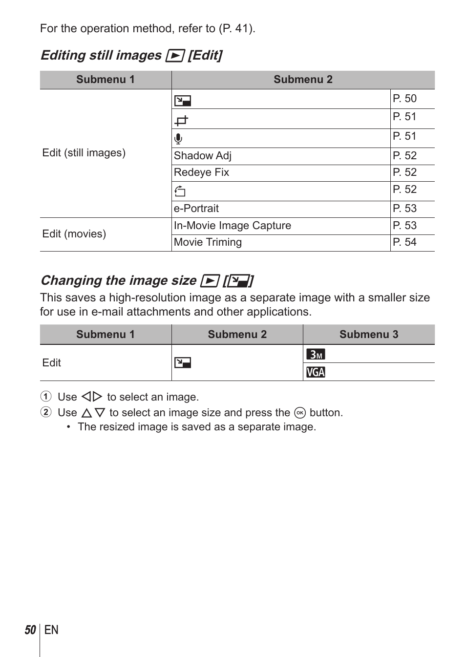 Editing still images q [edit, Changing the image size q [ q | Olympus TG850 User Manual | Page 50 / 111