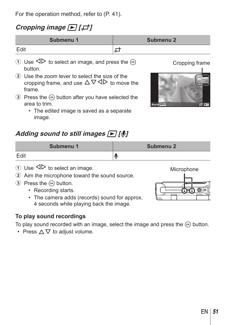 Cropping image q [ p, Adding sound to still images q [ r | Olympus TG850 User Manual | Page 51 / 111