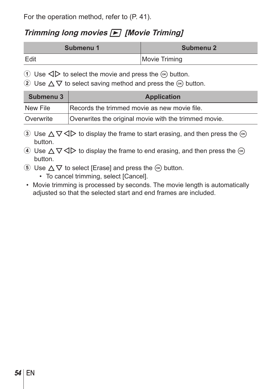 Trimming long movies q [movie triming | Olympus TG850 User Manual | Page 54 / 111