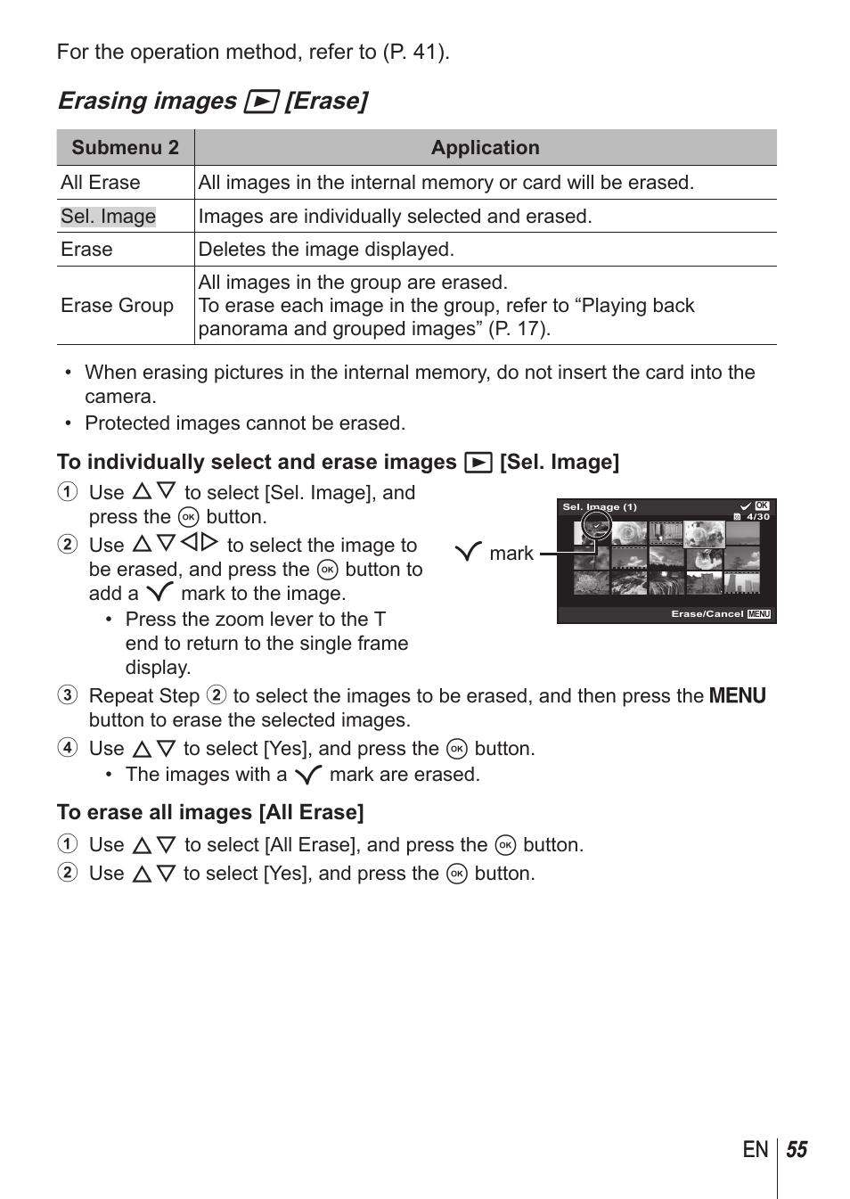 Erasing images q [erase, 55 en 55 en | Olympus TG850 User Manual | Page 55 / 111