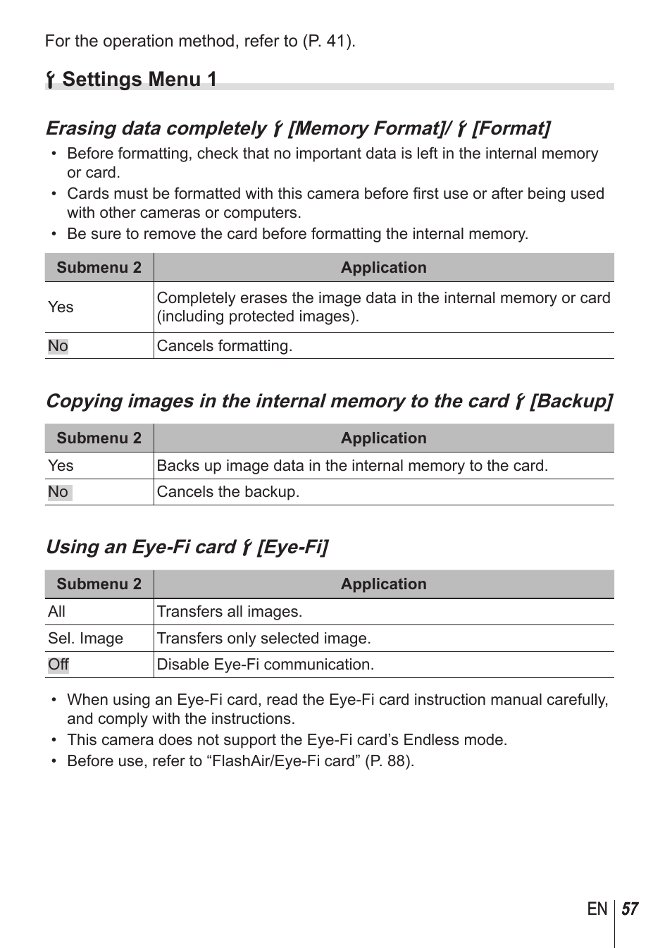D settings menu 1, Using an eye-fi card d [eye-fi | Olympus TG850 User Manual | Page 57 / 111