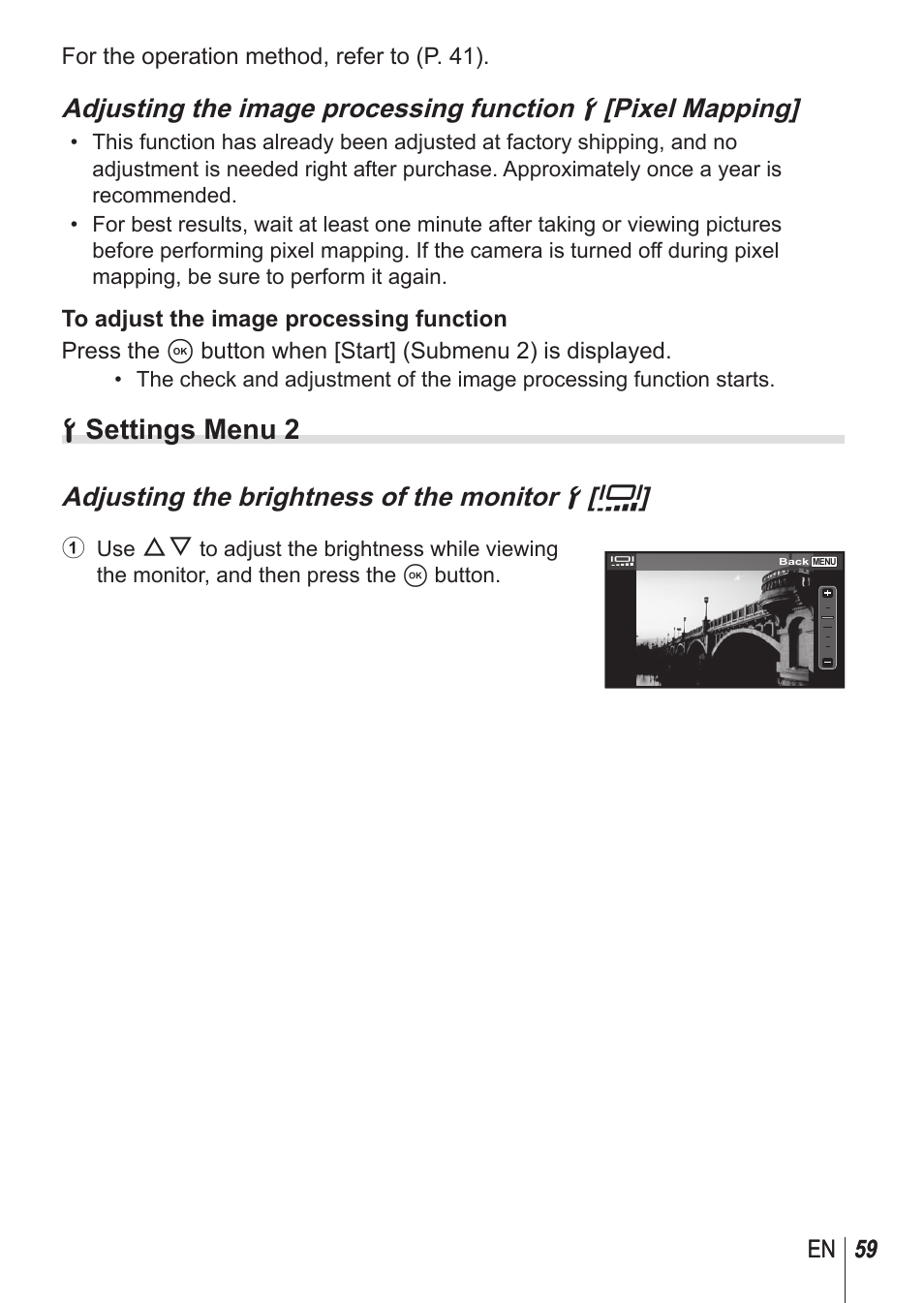 D settings menu 2, Adjusting the brightness of the monitor d [ s | Olympus TG850 User Manual | Page 59 / 111