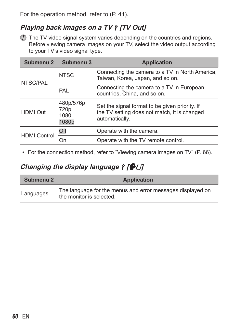 Playing back images on a tv d [tv out, Changing the display language d [ l | Olympus TG850 User Manual | Page 60 / 111