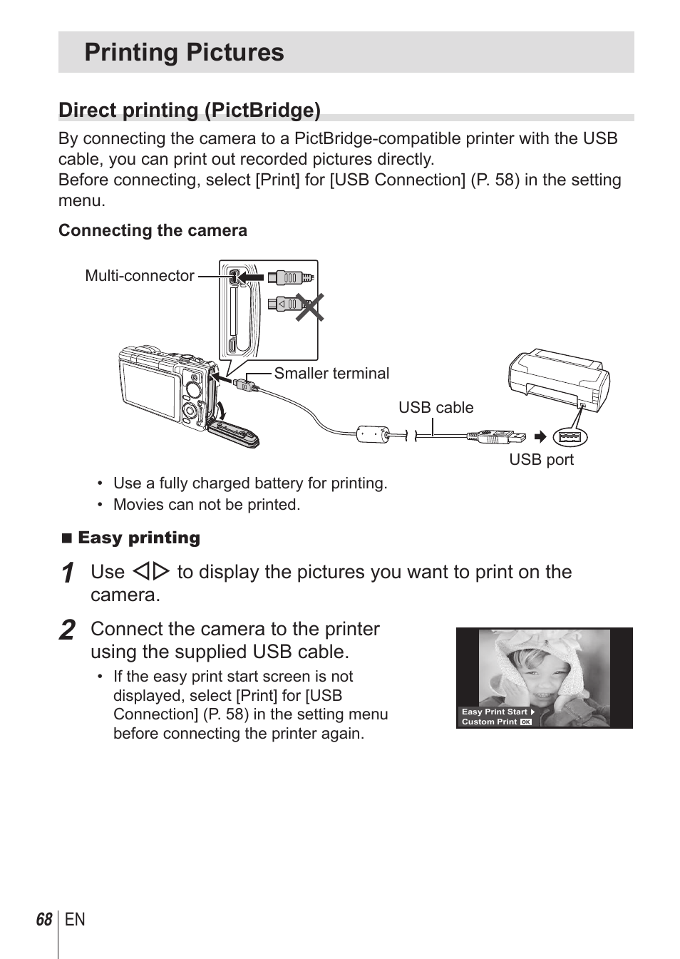 Printing pictures, Direct printing (pictbridge) | Olympus TG850 User Manual | Page 68 / 111