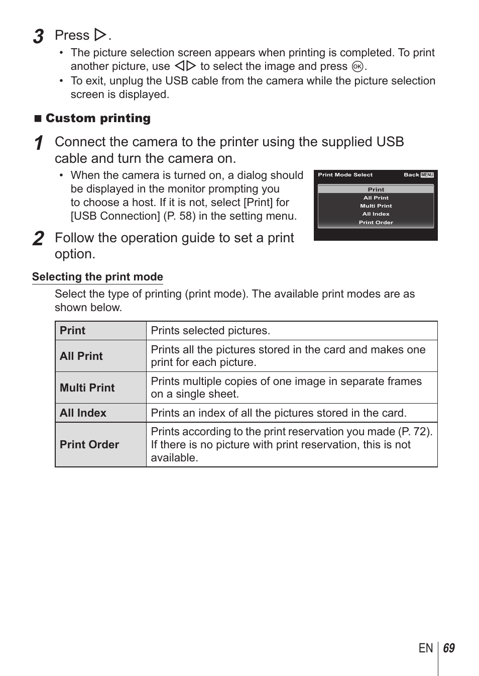 Press i, Follow the operation guide to set a print option, 69 en | Olympus TG850 User Manual | Page 69 / 111