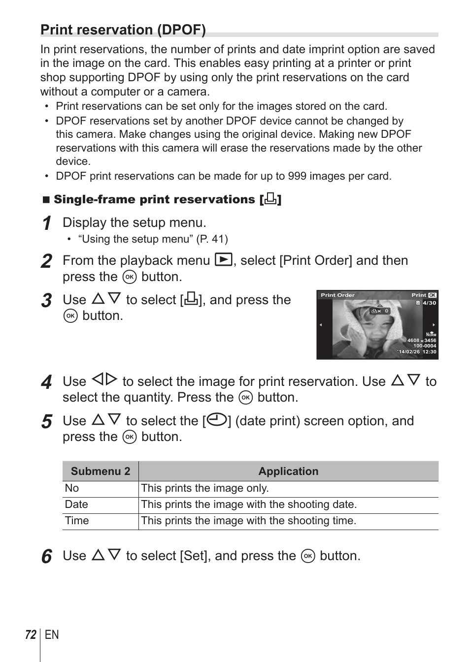 Print reservation (dpof), Display the setup menu, Use fg to select [<], and press the a button | Use fg to select [set], and press the a button, 72 en | Olympus TG850 User Manual | Page 72 / 111