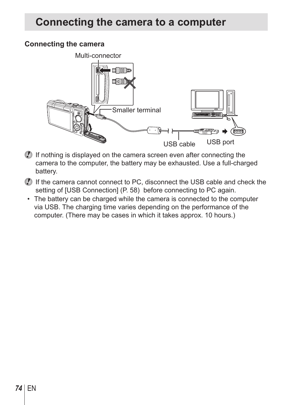 Connecting the camera to a computer | Olympus TG850 User Manual | Page 74 / 111