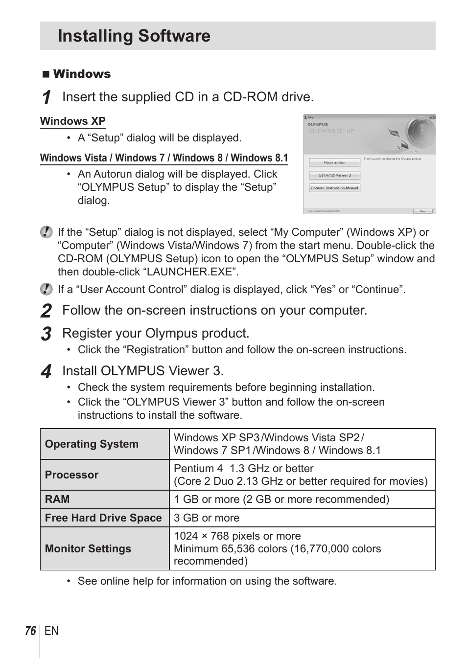 Installing software | Olympus TG850 User Manual | Page 76 / 111