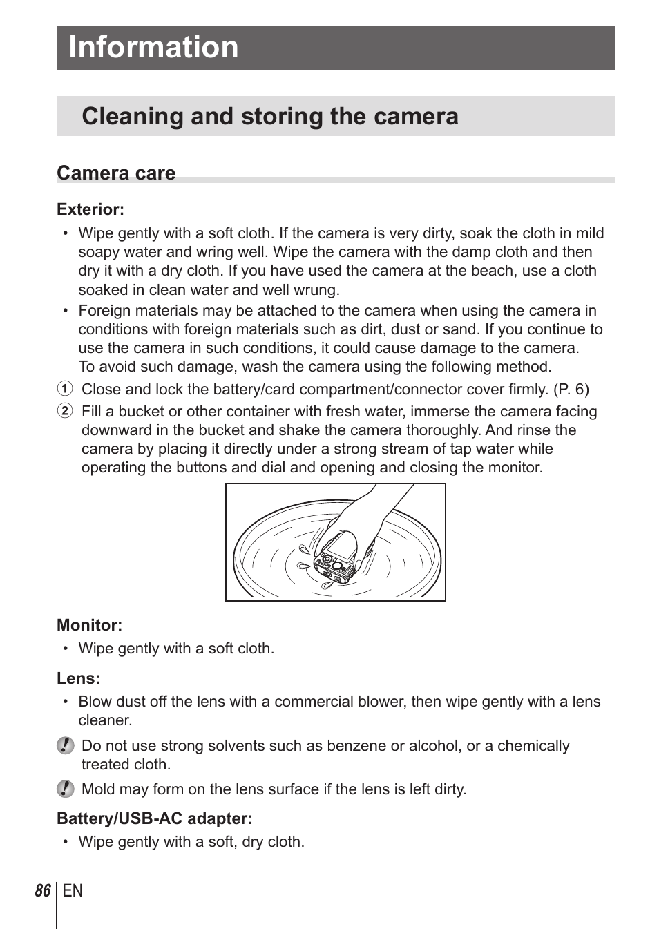Information, Cleaning and storing the camera, Camera care | Olympus TG850 User Manual | Page 86 / 111
