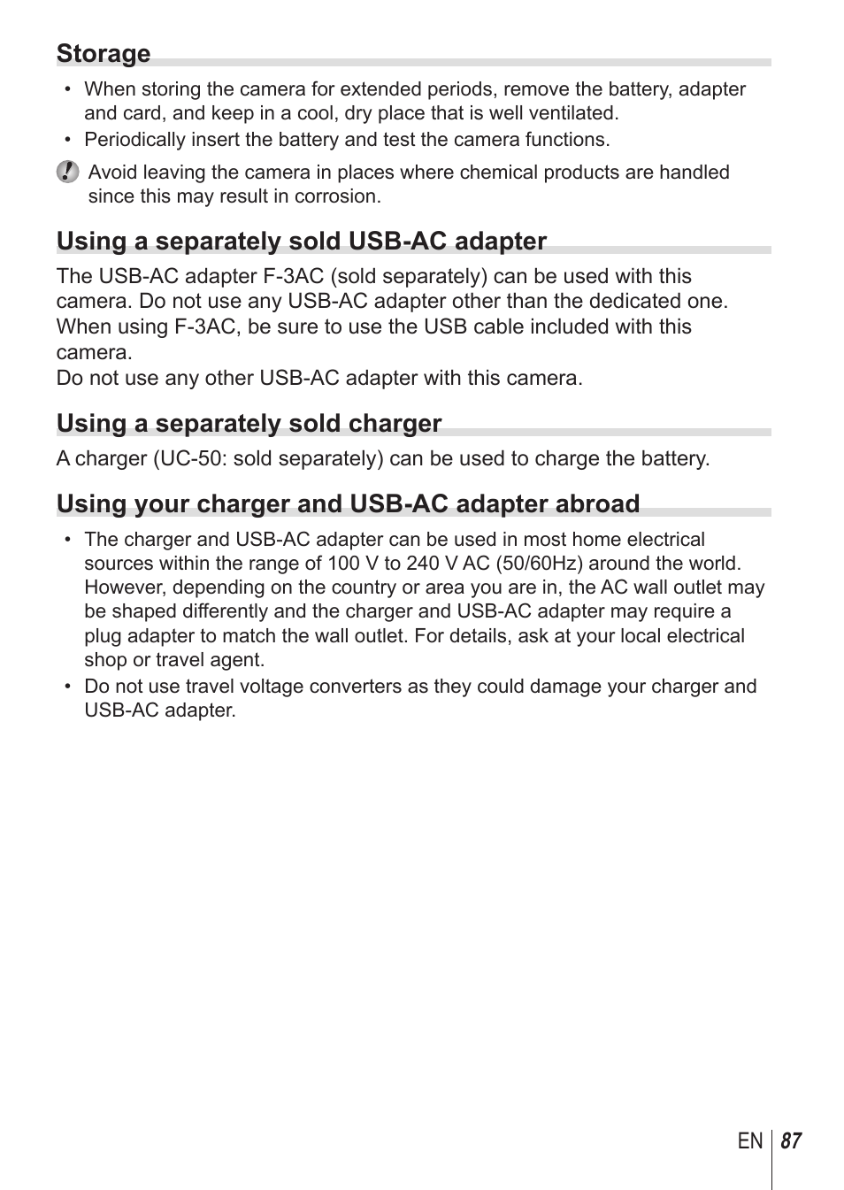 Storage, Using a separately sold usb-ac adapter, Using a separately sold charger | Using your charger and usb-ac adapter abroad | Olympus TG850 User Manual | Page 87 / 111