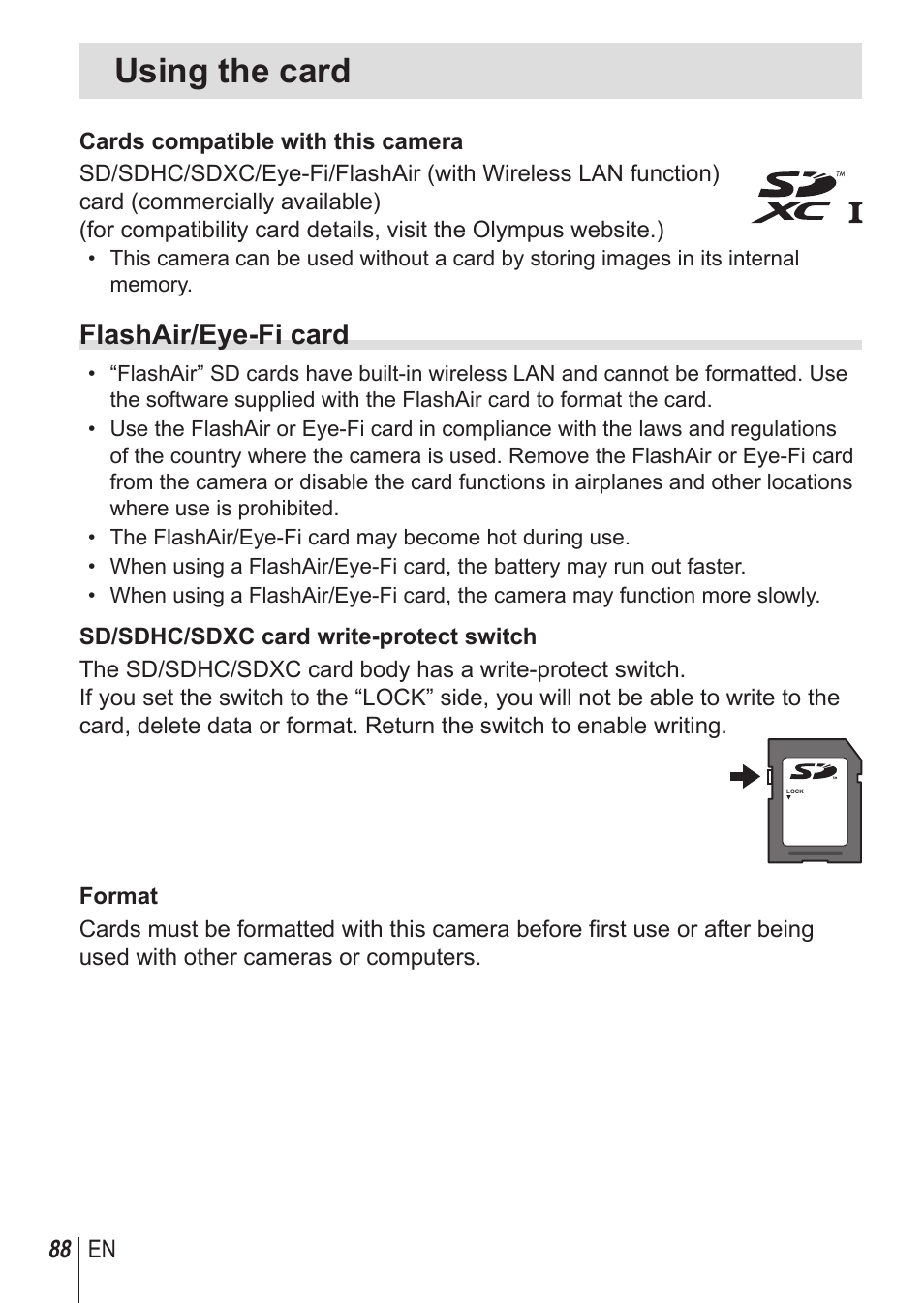 Using the card, Flashair/eye-fi card | Olympus TG850 User Manual | Page 88 / 111