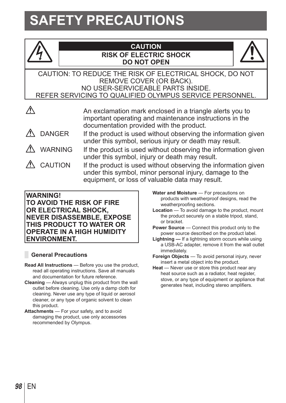 Safety precautions, 98 en | Olympus TG850 User Manual | Page 98 / 111