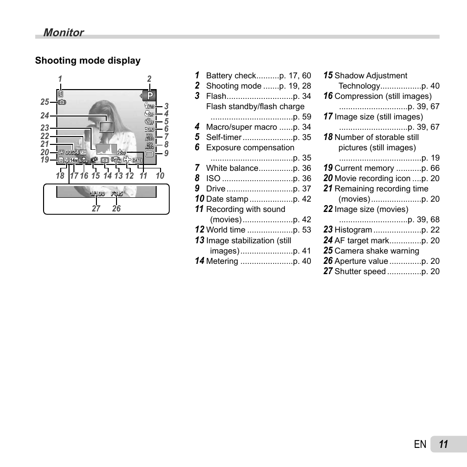 Monitor, 11 en | Olympus TG-320 User Manual | Page 11 / 82