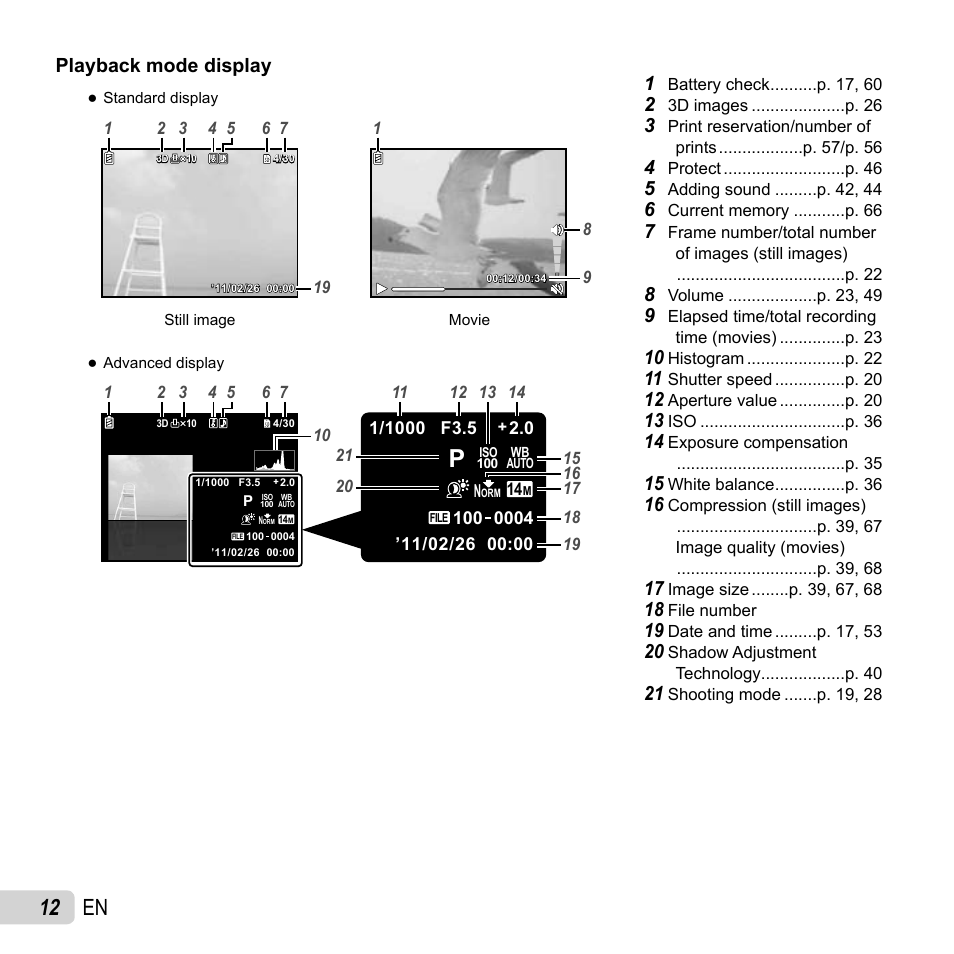 12 en, Playback mode display | Olympus TG-320 User Manual | Page 12 / 82