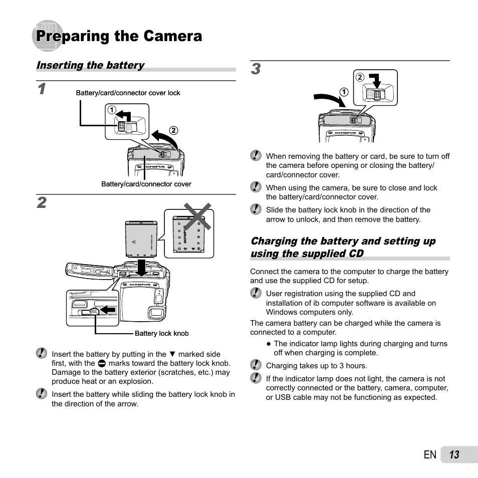 Preparing the camera, 13 en, Inserting the battery | Olympus TG-320 User Manual | Page 13 / 82