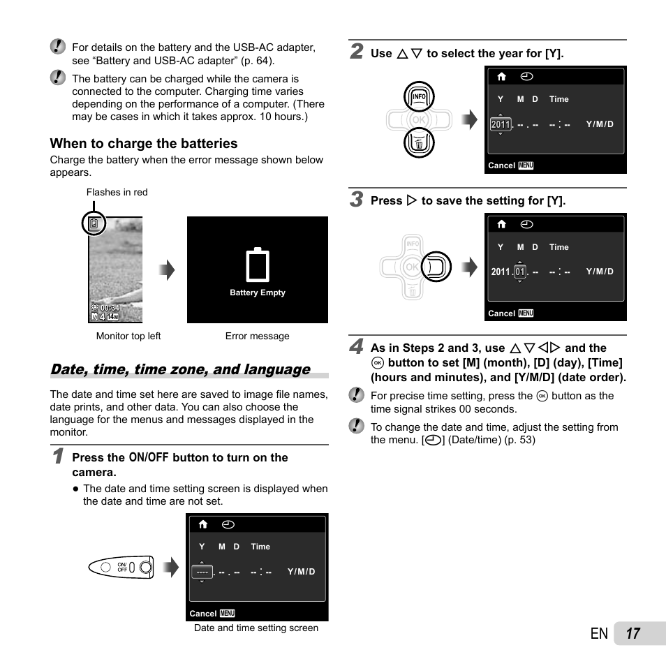 17 en, Date, time, time zone, and language, When to charge the batteries | Olympus TG-320 User Manual | Page 17 / 82