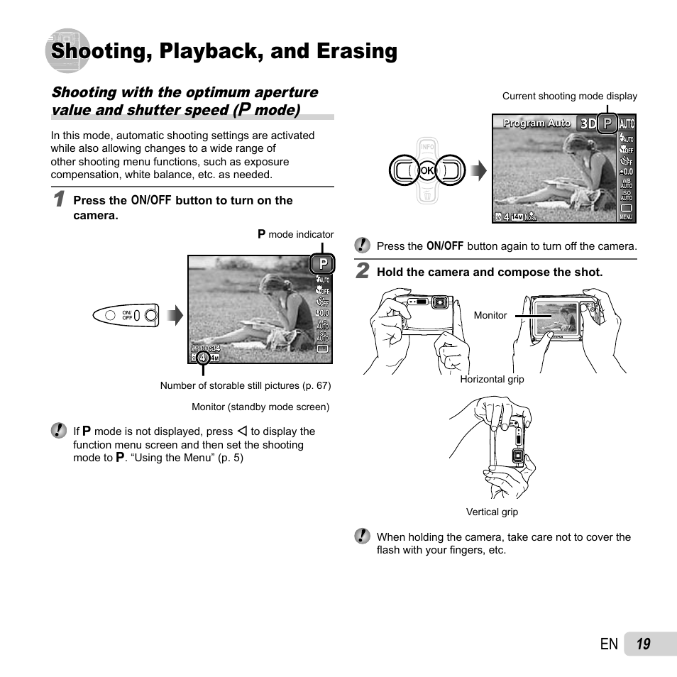 Shooting, playback, and erasing, 19 en | Olympus TG-320 User Manual | Page 19 / 82