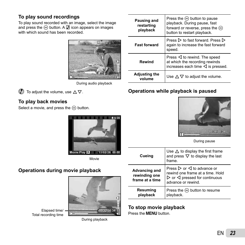 23 en, Operations during movie playback, Operations while playback is paused | Olympus TG-320 User Manual | Page 23 / 82