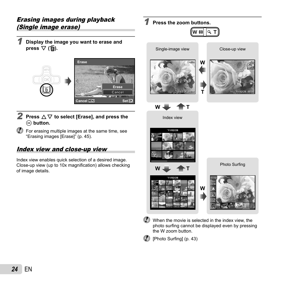 24 en, Index view and close-up view, Wt w t | Olympus TG-320 User Manual | Page 24 / 82