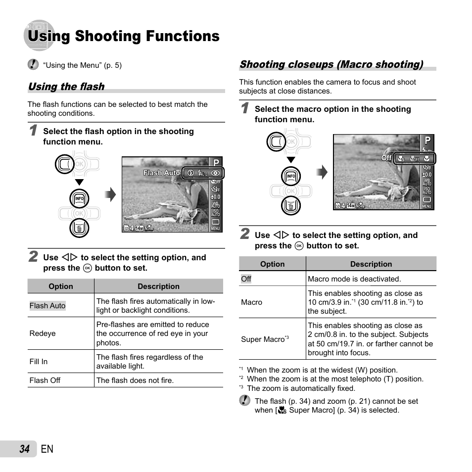 Using shooting functions, 34 en, Using the fl ash | Shooting closeups (macro shooting) | Olympus TG-320 User Manual | Page 34 / 82