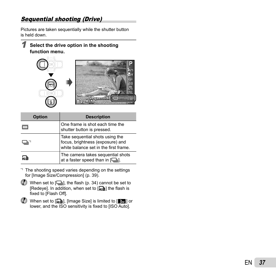 37 en, Sequential shooting (drive) | Olympus TG-320 User Manual | Page 37 / 82