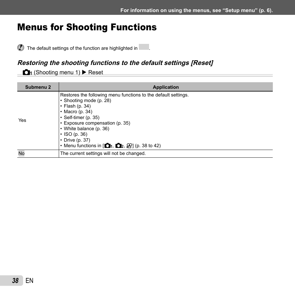 Menus for shooting functions, 38 en | Olympus TG-320 User Manual | Page 38 / 82