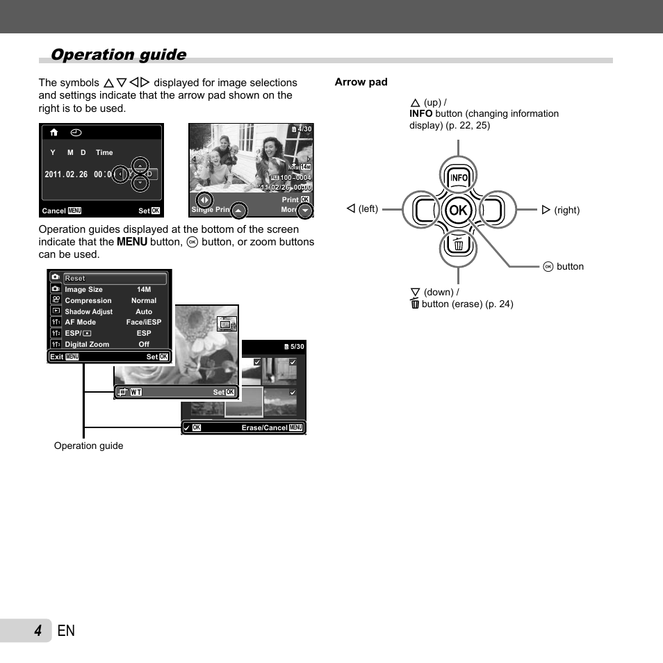 Operation guide, 4 en, Arrow pad | Olympus TG-320 User Manual | Page 4 / 82