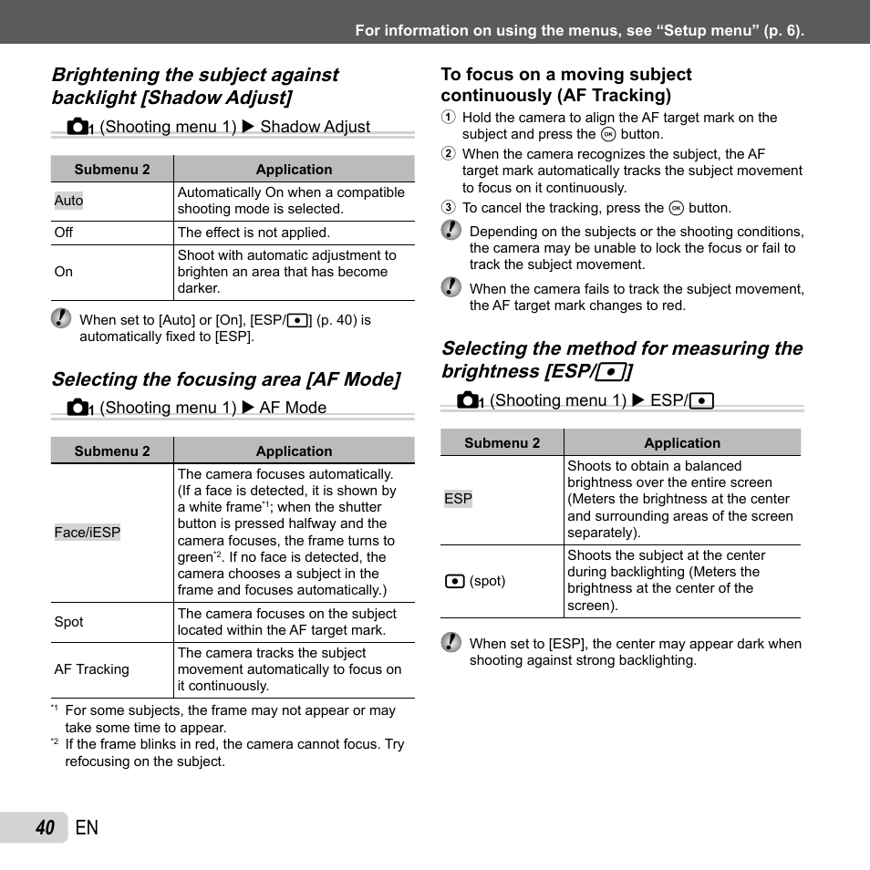 40 en, Selecting the focusing area [af mode | Olympus TG-320 User Manual | Page 40 / 82