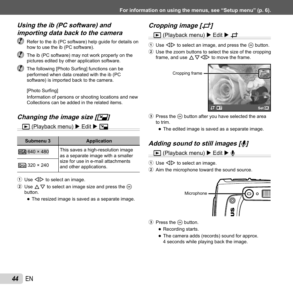 44 en, Changing the image size, Changing the image size [ q q | Cropping image, Cropping image [ p p | Olympus TG-320 User Manual | Page 44 / 82