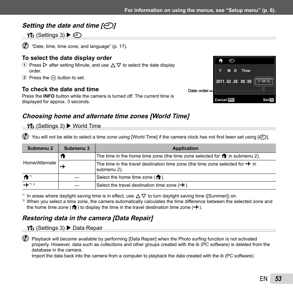 53 en, Setting the date and time, Setting the date and time [ x x | Choosing home and alternate time zones [world time, Restoring data in the camera [data repair | Olympus TG-320 User Manual | Page 53 / 82