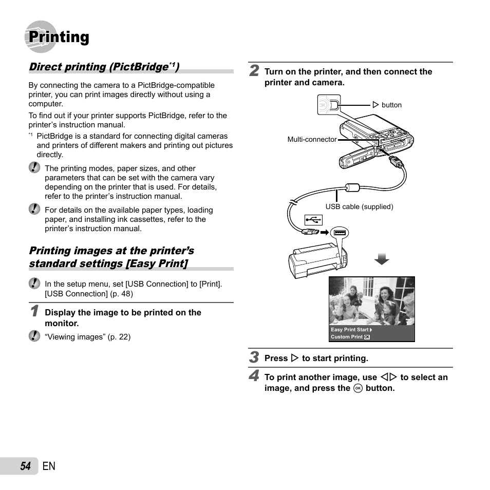 Printing, 54 en, Direct printing (pictbridge | Olympus TG-320 User Manual | Page 54 / 82