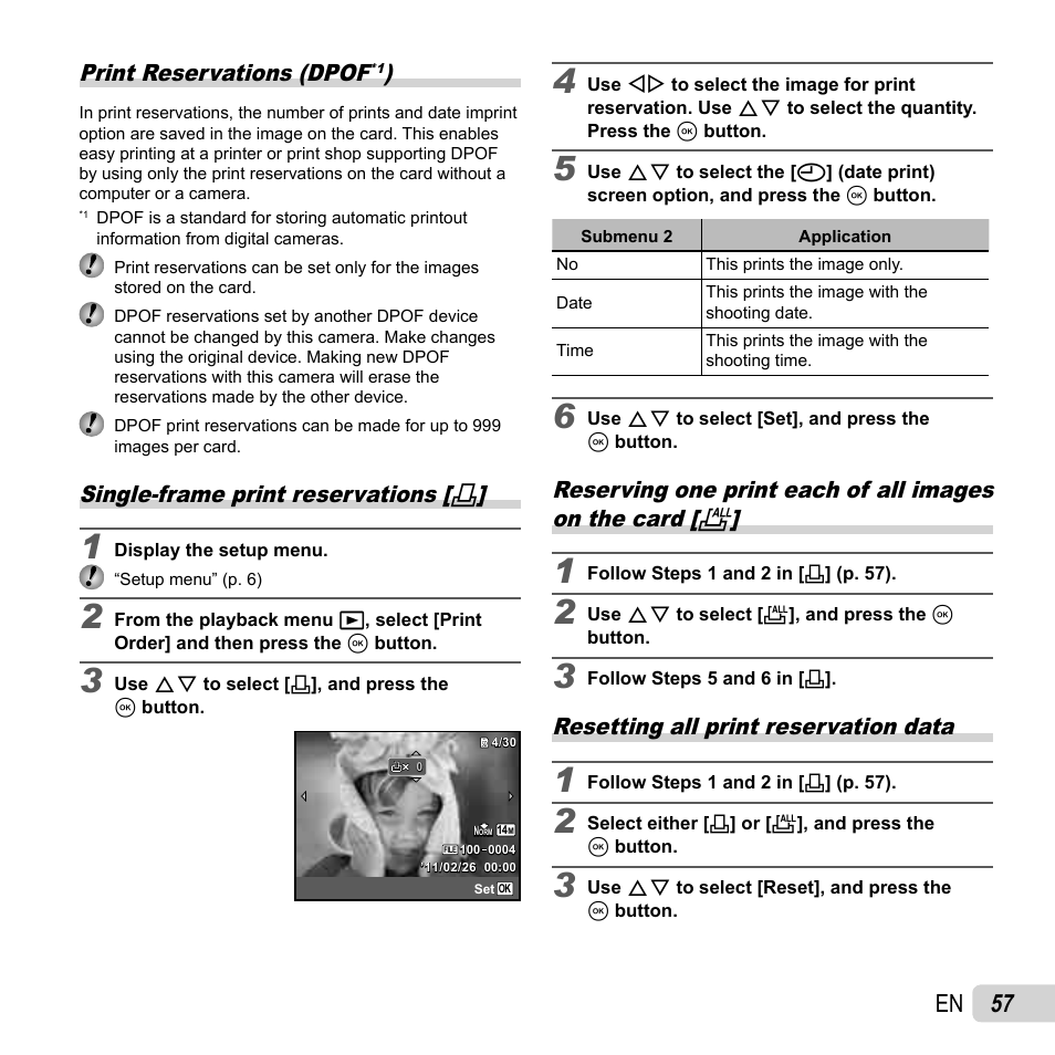 57 en, Print reservations (dpof, Single-frame print reservations | Resetting all print reservation data | Olympus TG-320 User Manual | Page 57 / 82