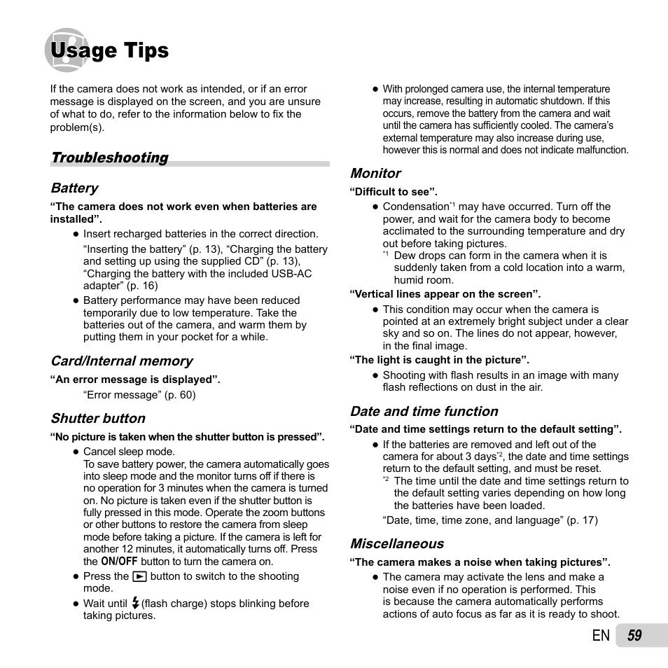 Usage tips, 59 en, Troubleshooting | Battery, Shutter button, Monitor, Date and time function, Miscellaneous | Olympus TG-320 User Manual | Page 59 / 82