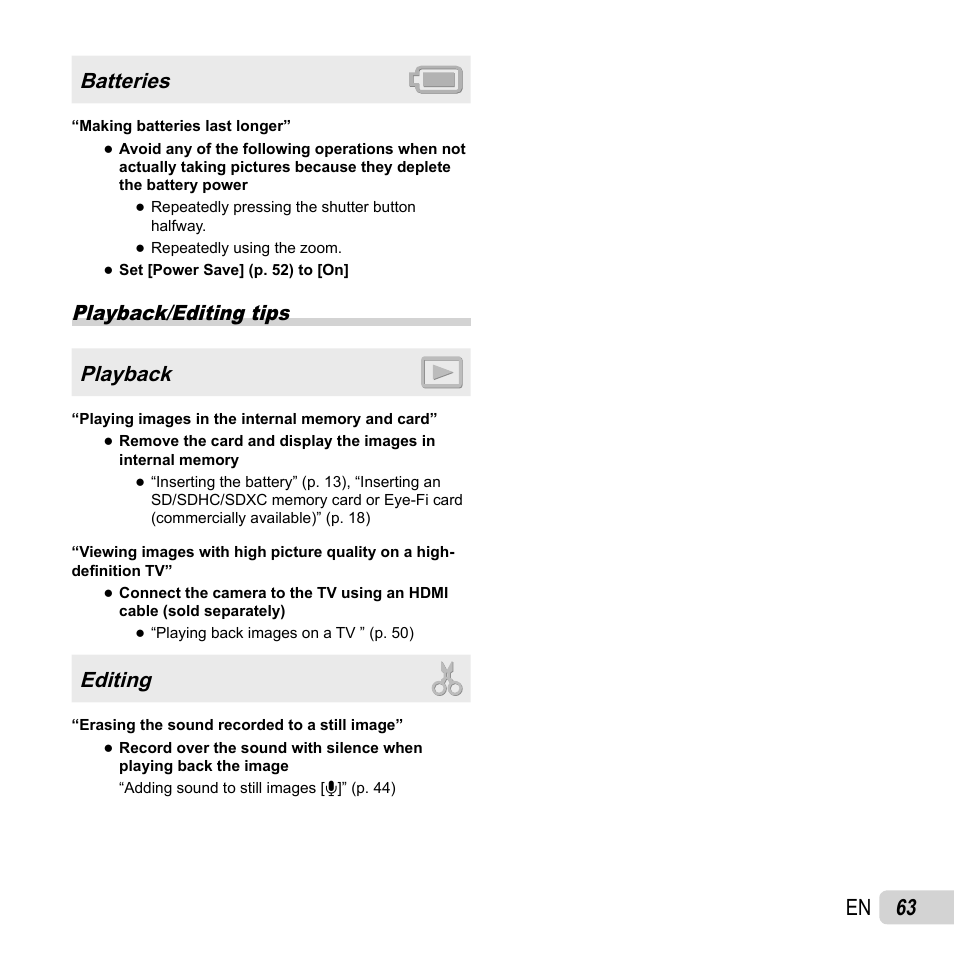 63 en, Batteries, Playback/editing tips playback | Editing | Olympus TG-320 User Manual | Page 63 / 82