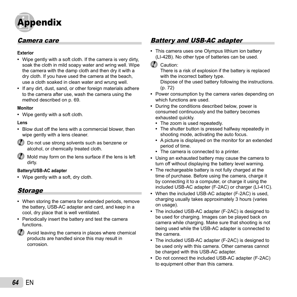 Appendix, 64 en, Camera care | Storage, Battery and usb-ac adapter | Olympus TG-320 User Manual | Page 64 / 82