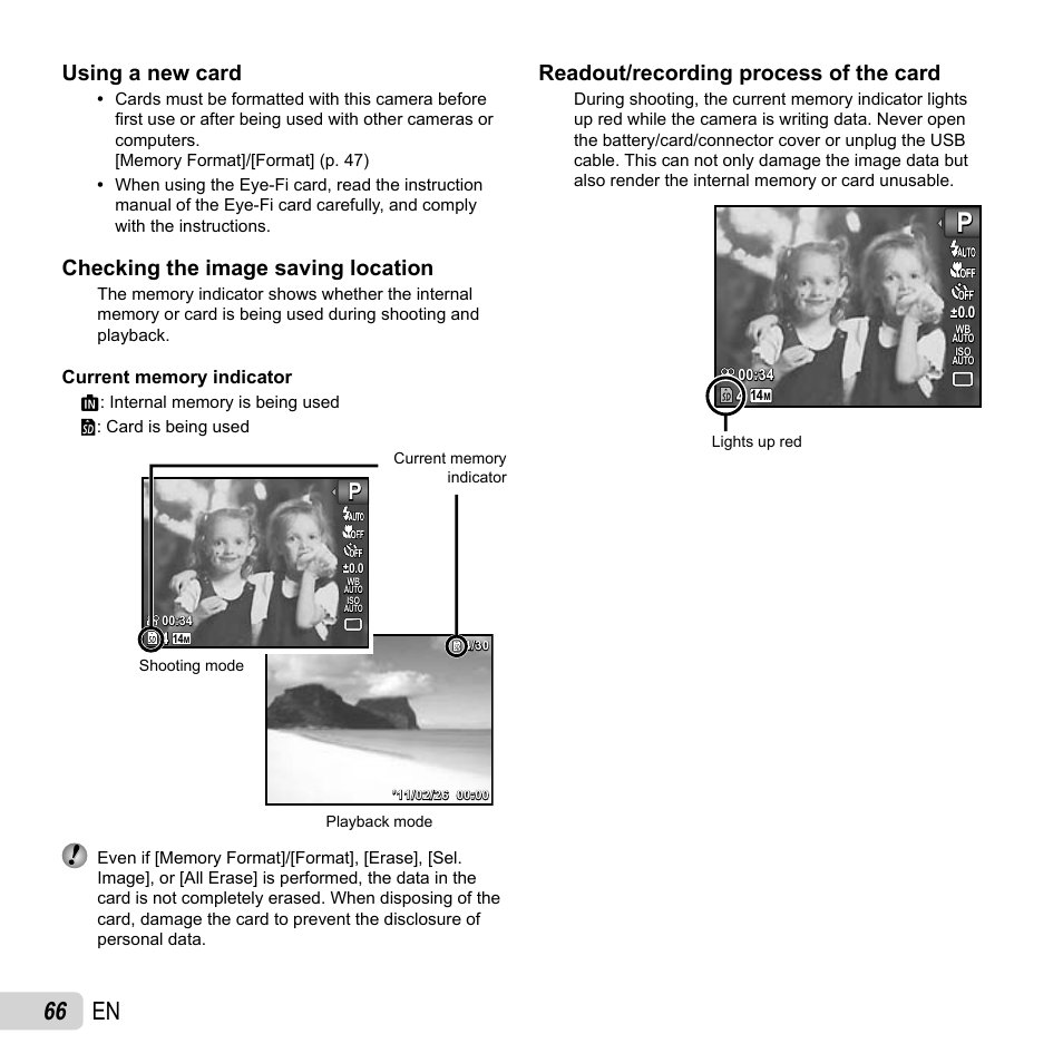 66 en, Using a new card, Checking the image saving location | Readout/recording process of the card | Olympus TG-320 User Manual | Page 66 / 82