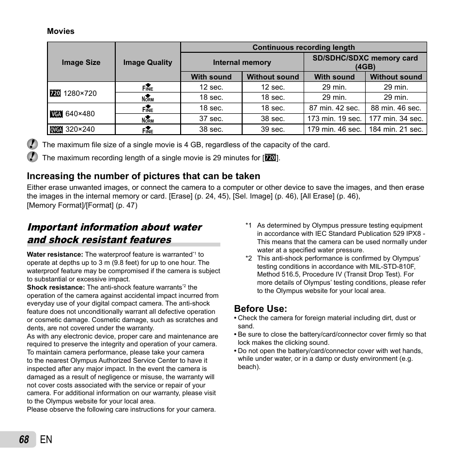 68 en, Before use | Olympus TG-320 User Manual | Page 68 / 82