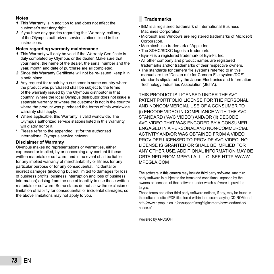 78 en | Olympus TG-320 User Manual | Page 78 / 82