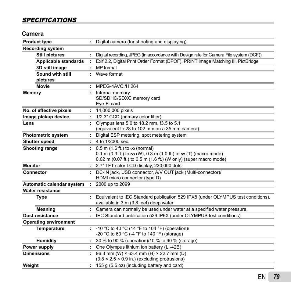 79 en, Specifications, Camera | Olympus TG-320 User Manual | Page 79 / 82