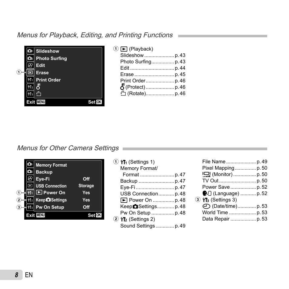 Menus for other camera settings, 8 en | Olympus TG-320 User Manual | Page 8 / 82