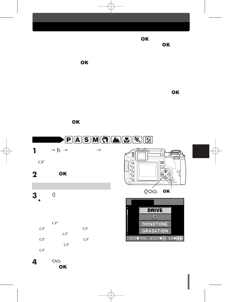 Custom ok, P a s m | Olympus E-300 User Manual | Page 125 / 211