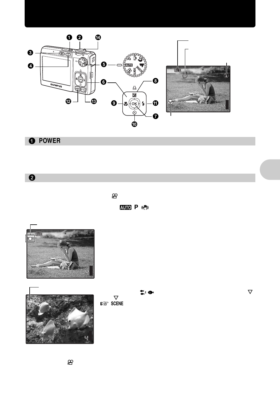 Button operations, Turning the camera on and off, Shooting pictures/movies | P. 11, Butt on op erati on s | Olympus FE-280 User Manual | Page 11 / 64