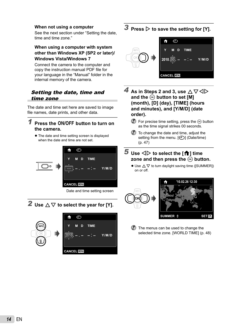 14 en, Setting the date, time and time zone | Olympus TOUGH-8010 User Manual | Page 14 / 83