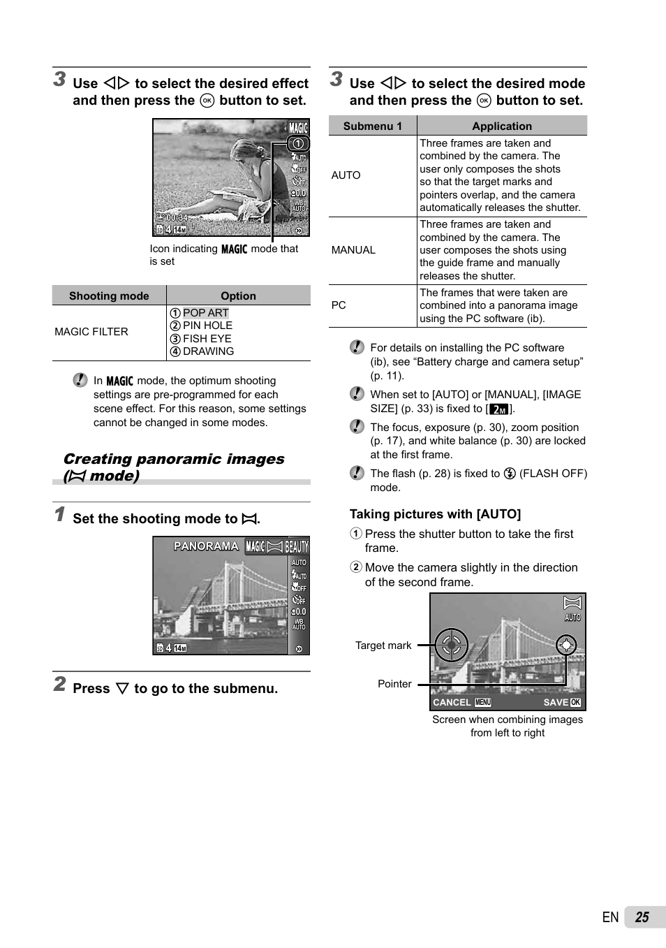 25 en, Creating panoramic images (p mode), Set the shooting mode to p | Press g to go to the submenu | Olympus TOUGH-8010 User Manual | Page 25 / 83