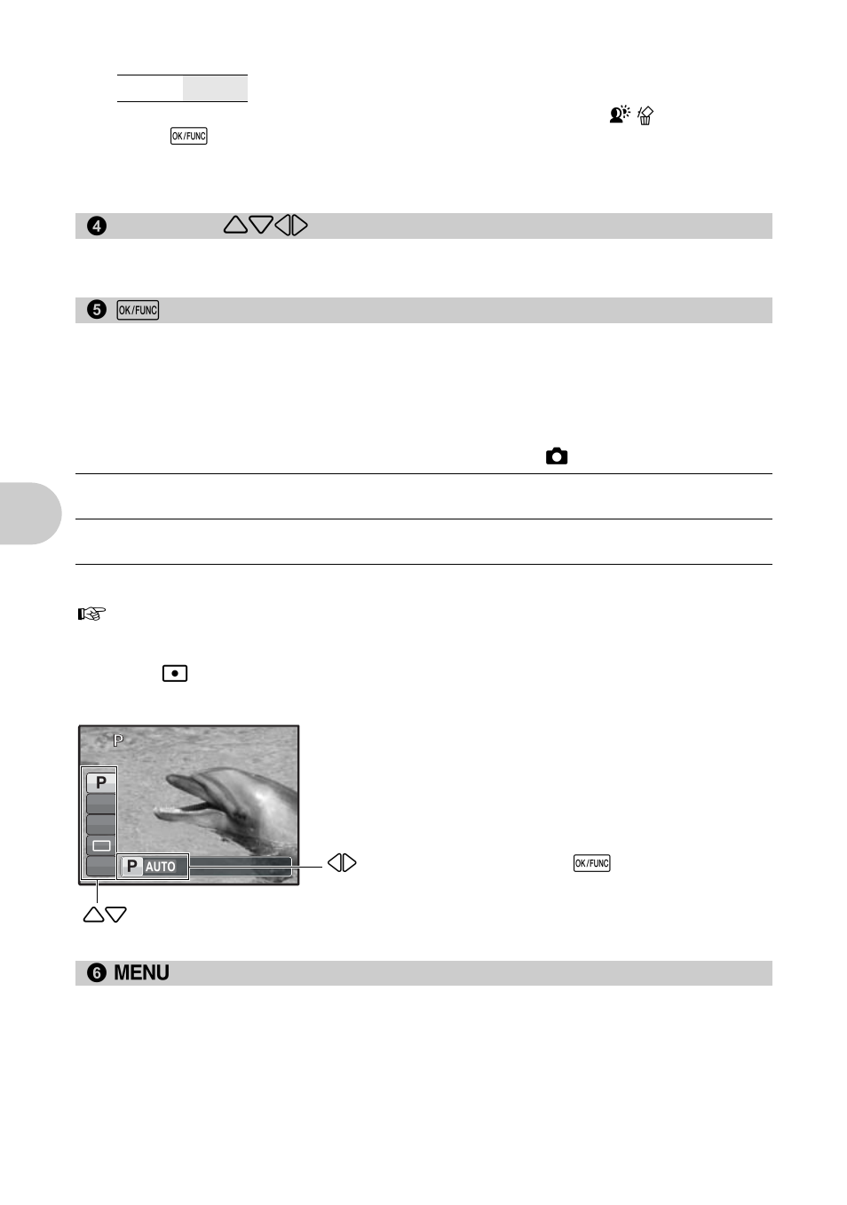 Arrow pad, Ok/func button, Shooting pictures with automatic settings | Displaying the top menu, But to n o perat io ns | Olympus µ 820 User Manual | Page 14 / 80